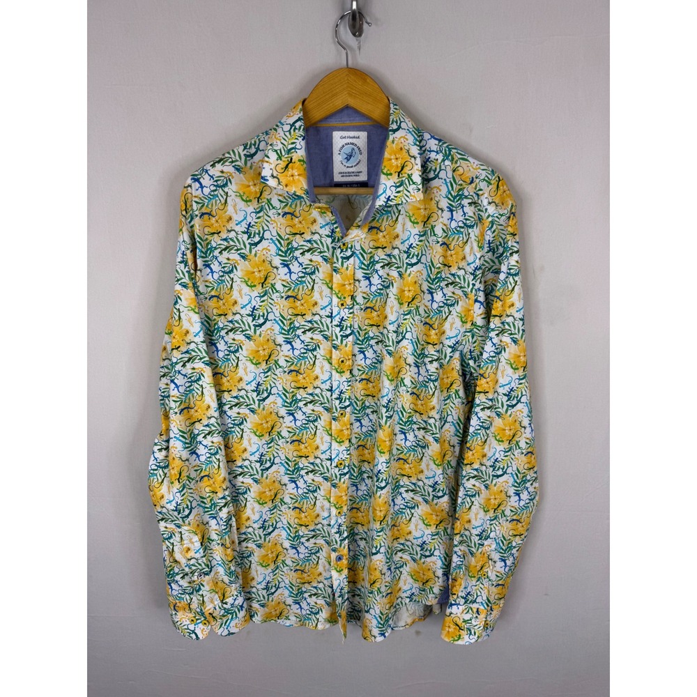 A Fish Named Fred Mens Gecko Floral Print Long Sleeve Button Down Shirt Large
